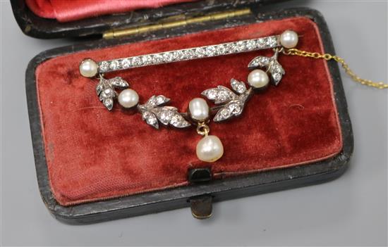 A boxed Victorian gold and silver, diamond and cultured? pearl set drop bar brooch, 45mm.